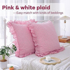 2 Pack Pink White Gingham Euro Shams Pillow Covers 26''x26'' - Image 2