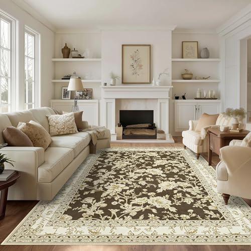 Brown and Beige Rug 5x8 Modern Floral Soft Carpet Washable by BILEEHOME