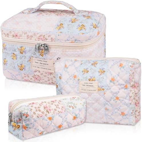 Gosect Makeup Bag Set, Quilted Makeup Bags, Large Floral Cosmetic Bag by Gosect