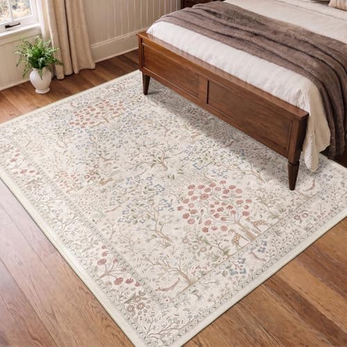 Cream Floral Area Rug 5x8, Low Pile Thin Fantasy Woodland Rugs - Image 5