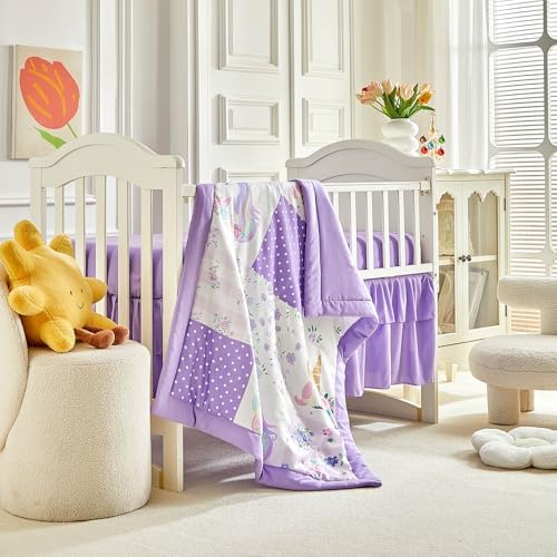 Patchwork Crib Bedding Set Unicorn Plaid Floral Design 3 Pieces Baby Girl Cute - Image 6