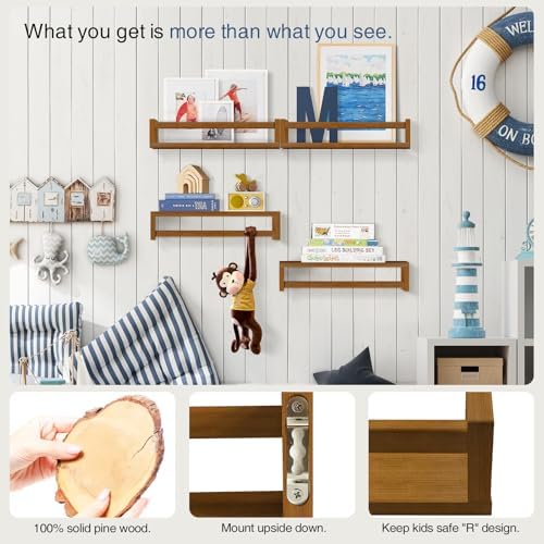Forbena Dark Wood Nursery Kids Bookshelf Wall Mounted, Wooden Floating Nursery - Image 7