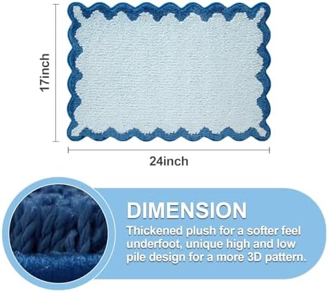ORTIGIA Small Blue Scalloped Bath Mat, Cute Plush Microfiber Scallop Bathroom - Image 2