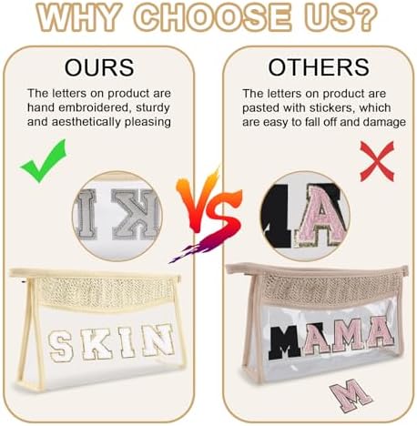 Boho Patch Skin Bag Clear Makeup Letter Bag, Waterproof Zipper Make up Bags - Image 4