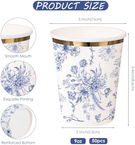 WRAPAHOLIC 50 Pcs Floral Paper Cups - 9 oz Blue Toile Flower Disposable Cup - Image 2