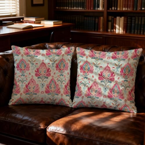 Vintage Boho Pink Teal and Gold Damask Floral Pillow Covers 18x18 Set of 2 - Image 2