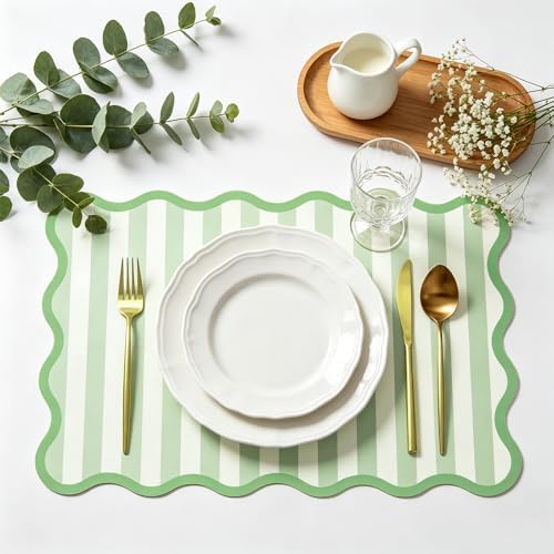 JarThenaAMCS 60 Pcs Light Green Striped Paper Placemats Scalloped Edge Table - Image 5
