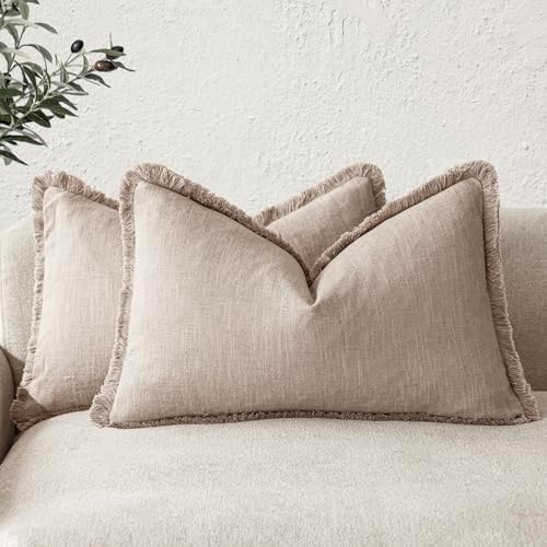 Foindtower Boho Linen Fringe Lumbar Throw Pillow Covers 12×24 Natural Linen by Foindtower