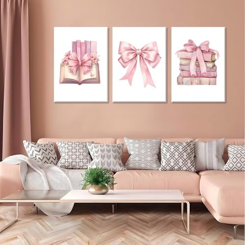 JBZZD Coquette Pink Bow Canvas Wall Art Set of 3, Book Lovers Gifts Preppy - Image 6