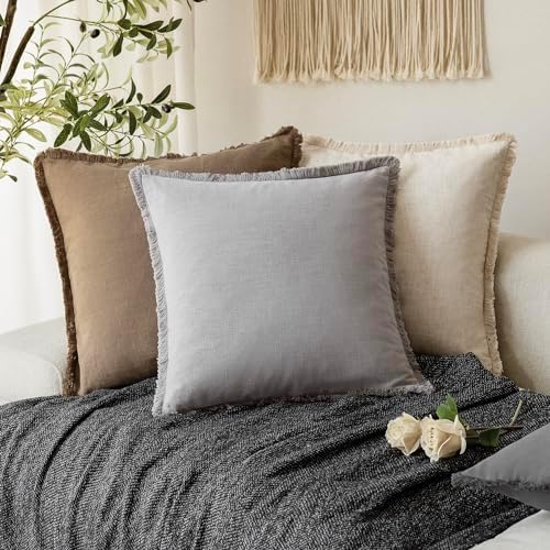Foindtower Decorative Linen Fringe Throw Pillow Covers 20×20 Light Gray - Image 5