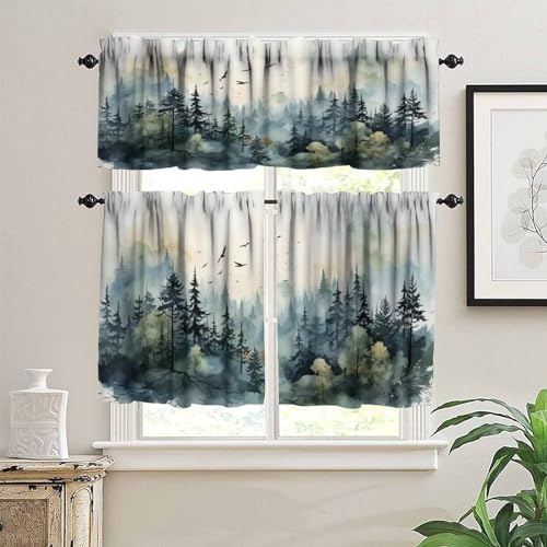 Forest Kitchen Valance Curtain, Watercolor Style Nature Mountain Woodland Green - Image 3