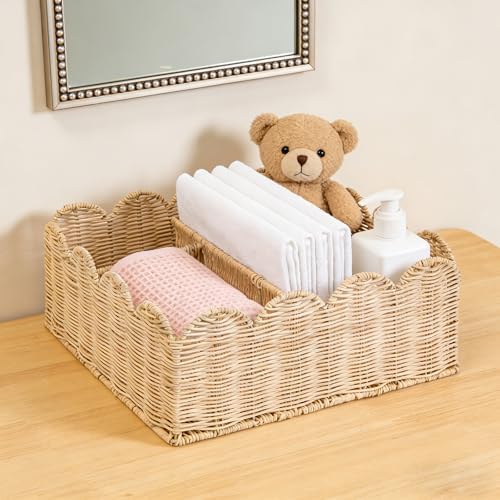 Rattan Divided Scalloped Basket, Wicker Diaper Caddy Scalloped Baske, Woven - Image 2
