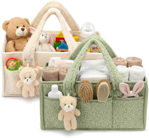 Shinylin 2 Pack Plush Diaper Caddy Organizer, Lily Green and Ivory by Shinylin
