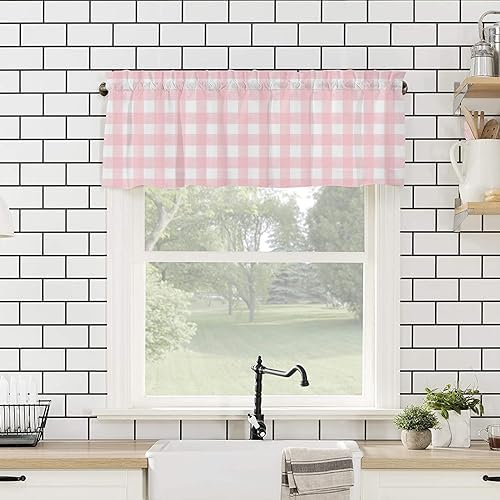 Christmas Valance Curtains for Kitchen Windows Rustic Pink White Buffalo Check - Image 4
