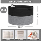 INDRESSME 115L Extra Large Woven Rope Blanket Basket Living Room Black Grey - Image 2