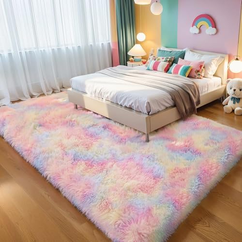 6x9 Thick Unicorn Rug for Girls Bedroom, Rainbow Plush Shag Carpet by KICHOWUA