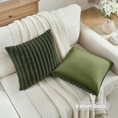 FUTEI Pack of 2 Faux Fur Throw Pillow Covers 20x20 Inch, Olive Green - Image 4