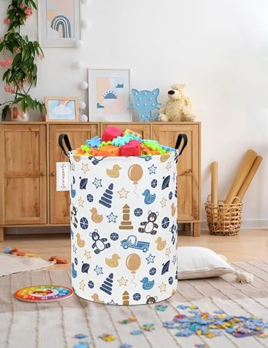 QUEENLALA Large Foldable Round Storage Basket Laundry Hamper, Colorful Bear - Image 5