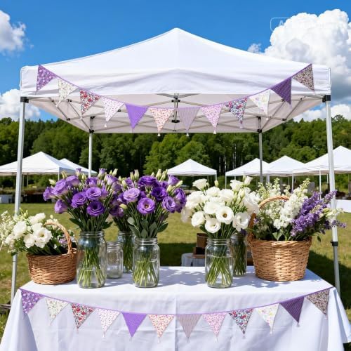 G2PLUS 10.8Ft Cotton Triangle Bunting Banner – 12pcs Purple Floral Fabric - Image 5