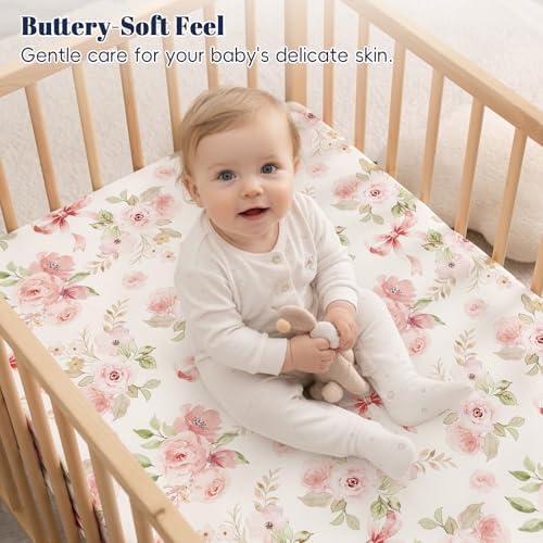 PHF 3 Pack Soft Floral & Bow Crib Sheets Fitted, Comfy Breathable Baby Sheets - Image 4