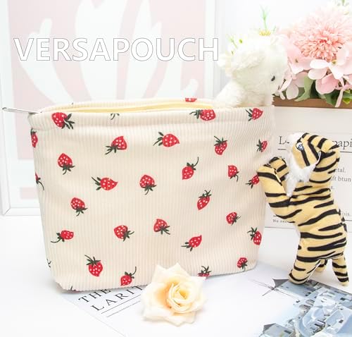 Flat Makeup Bag for Women, Zipper Cosmetic Pouch for Purse, Strawberry Beige - Image 6