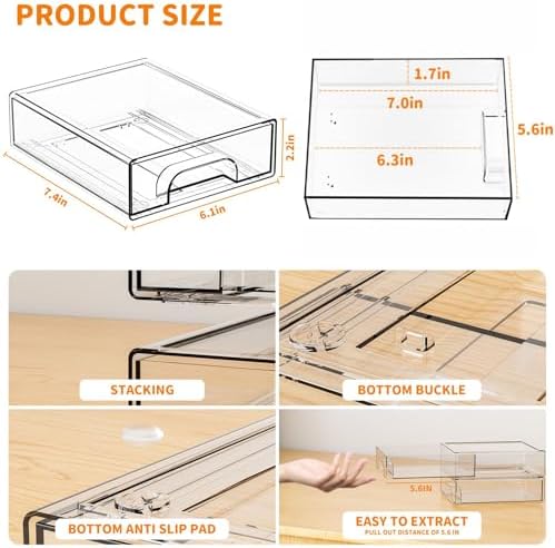 Yieach 2.2'' Tall Small Clear Stackable Storage Drawers, 6 Pack Stacking - Image 3
