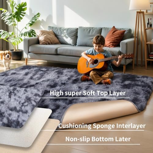 KICHOWUA 5x8 Thick Dark Grey Fluffy Shag Rug - Image 4