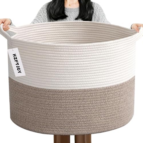 90L Woven Blanket Basket, Extra Large Laundry Basket-White & Brown by HZFTJOY