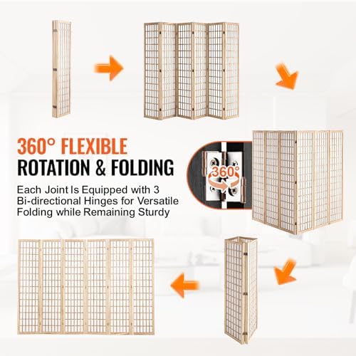 VEVOR Room Divider, 6 Panel Japanese Room Divider, Wood Folding Privacy Screen - Image 3