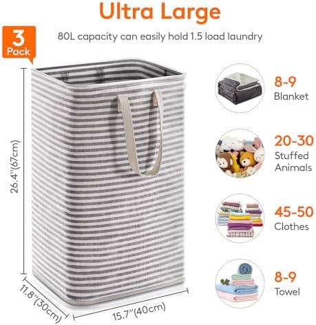 Lifewit 80L Large Laundry Baskets, 3 Pack, Reinforced Handles - Image 3