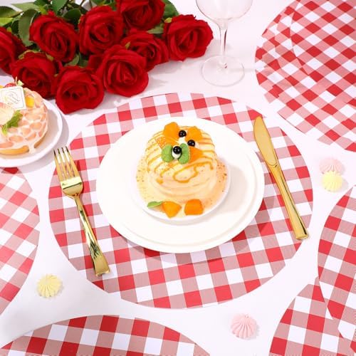Funnymoom 60 Pcs Red and White Gingham Disposable Paper Placemats Round Table - Image 4