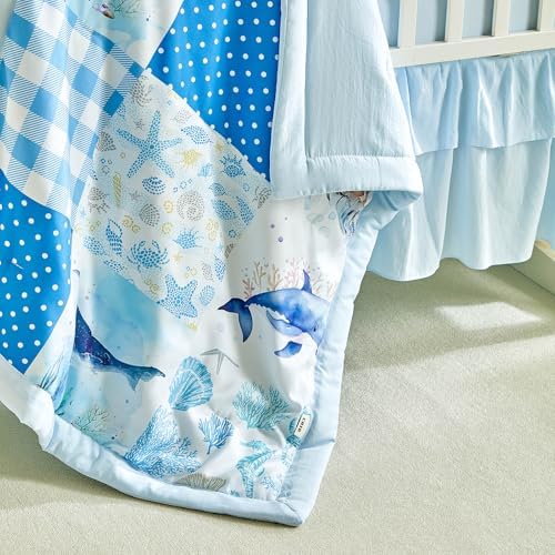 Patchwork Crib Bedding Set Blue Ocean Plaid Design 3 Pieces Baby Cute Quilted - Image 6