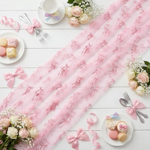 4 Pcs Pink Bow Table Runners 29 X 70 Inch Tulle Lace Party - Image 2