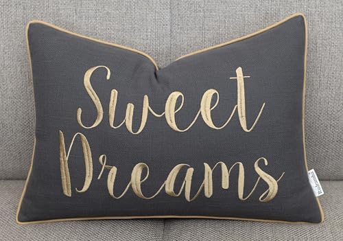 Rudransha Sweet Dreams Embroidered 12x18 Lumbar Pillow Cover, Dark Grey by Rudransha