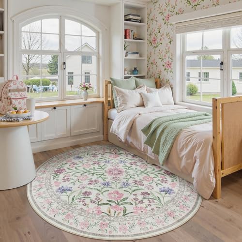 Wonnitar Floral Washable Round Rugs 6ft, Ultra-Thin Non Slip Boho Carpet - Image 6