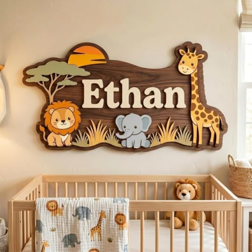 Personalized Safari Nursery Name Sign, Custom Jungle Animal Wall Decor - Image 2