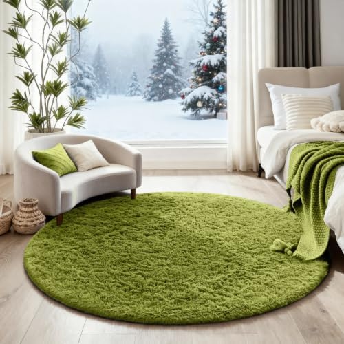 Ophanie Round Rug 4Ft Green Circle Area Rug, Fluffy Fuzzy Bedroom Carpet - Image 5
