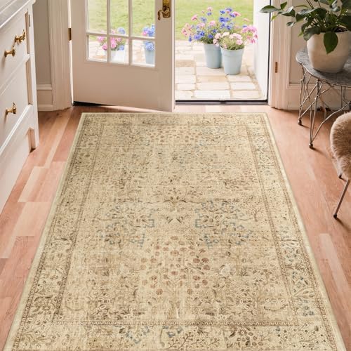 Neutral Tan Small Throw Rugs 3x5, Vintage Distressed Tree of Life Washable by Jainmy