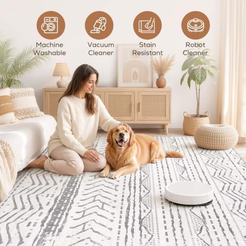 Nakagishi Boho 5x7 Area Rug Living Room Rugs Machine Washable Grey White - Image 3