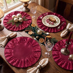 FoldTier Burgundy Ruffled Placemats Round Satin Tablemat 15.7 Inch Set of 6 - Image 4