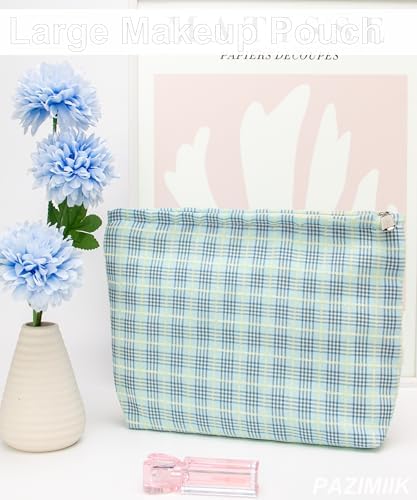 Flat Makeup Bag for Women, Zipper Cosmetic Pouch for Purse, Plaid Blue - Image 5
