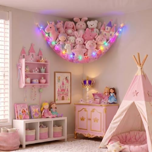 Stuffed Animals Hammock with LED Light Toy Net Room Decor Corner Storage - Image 2
