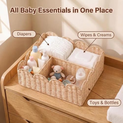 Rattan Diaper Caddy with Divider, Wicker Scalloped Baby Basket - Image 5