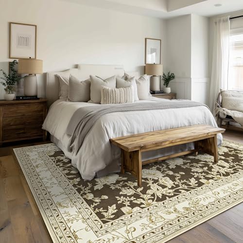9 x 12 Rug Washable Peony Flower Pattern Brown Large Rugs - Image 7