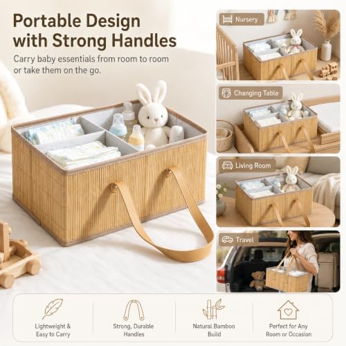 Large Wicker Baby Diaper Caddy Organizer, Bamboo Storage Basket - Image 3