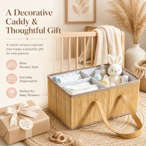 Large Wicker Baby Diaper Caddy Organizer, Bamboo Storage Basket - Image 7
