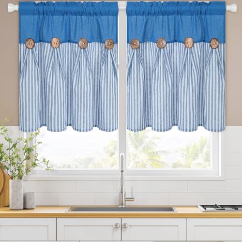 ASPMIZ Linen Kitchen Curtains 24 Inch Length, Farmhouse Boho Button Kitchen by ASPMIZ