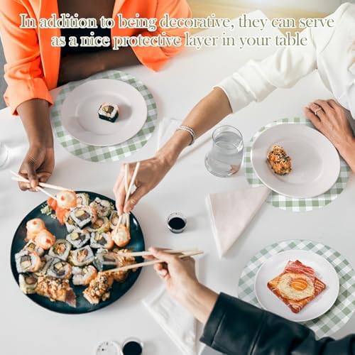 Funnymoom 60 Pcs Green and White Gingham Disposable Paper Placemats Round Table - Image 5