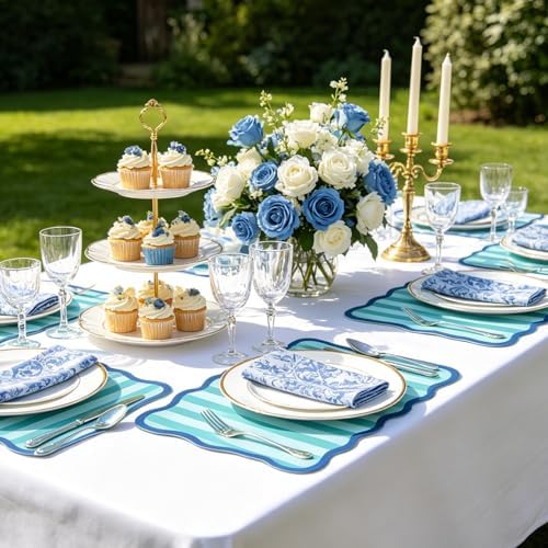JarThenaAMCS 60 Pcs Blue Green Striped Paper Placemats Scalloped Edge Table - Image 5