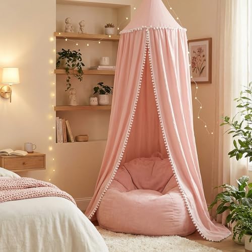 LOAOL Bed Canopy with Pom Pom Kids Reading Nook Hanging Tent by LOAOL